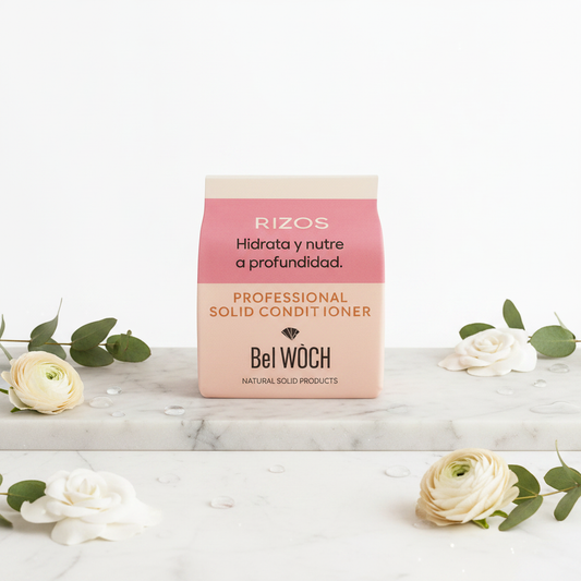 Acondicionador Rizado Belwoch sobre mármol blanco con flores blancas y hojas botánicas