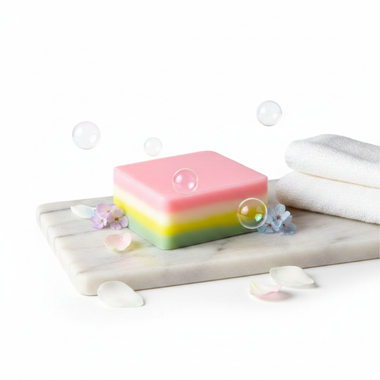 Acondicionador Kids Belwoch sobre mármol blanco con burbujas y flores pastel